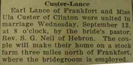 Article 1 Marriage Notice for Earl LANCE to Ula CUSTER, 12 Sep 1928