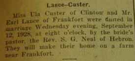 Marriage Notice for  Earl LANCE to Ula CUSTER, 12 Sep 1928