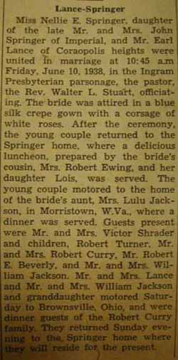 Marriage Notice for  Earl LANCE to Nellie E. Springer, 10 Jun 1938