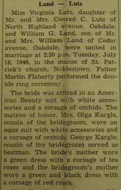 Part 1 Marriage Notice for William G. LAND to Virginia Lutz, 18 Jul 1946