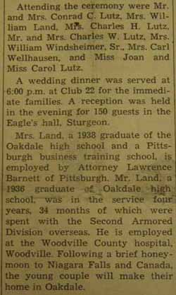 Part 2 Marriage Notice for William G. LAND to Virginia Lutz, 18 Jul 1946