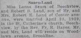 Marriage Notice for Robert B. LAND to Leona Saurs, 23 Apr 1929