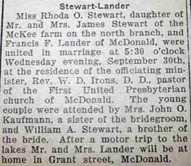 Marriage Notice for Francis F. LANDER to Rhoda O. Stewart, 30 Sep 1925
