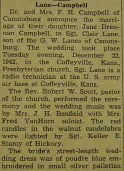Marriage Notice for Clair LANE to Jane Drennan Campbell, 22 Dec 1942