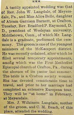 Marriage Notice for John W. LANGDALE to Alice Belle Barnett, no date, in 1-14-1905 paper