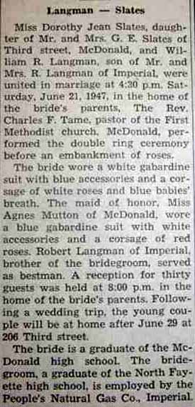 Marriage Notice for William R. LANGMAN to Dorothy Jean Slates, 21 Jun 1947