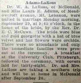 Marriage Notice for W. A. LaROSS to Laura E. Adams, 29 Sep 1927