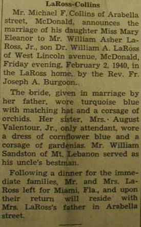 Marriage Notice for William Asher LaROSS, Jr. to Mary Eleanor Collins, 2 Feb 1940