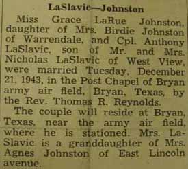 Marriage Notice for Anthony LaSLAVIC to Grace LaRue Johnston, 21 Dec 1943