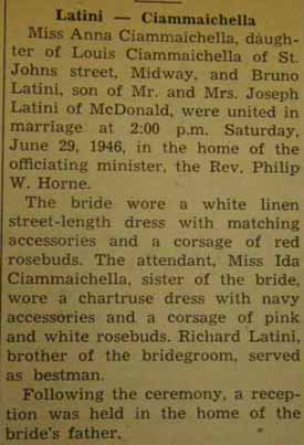 Marriage Notice for Bruno LATINI to Anna Ciammaichella, 29 Jun 1946
