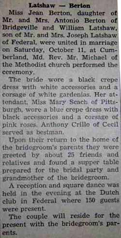 Marriage Notice for William LATSHAW to Jean Berton, 11 Oct 1947