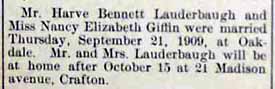 Marriage Notice for Harve Bennett LAUDERBAUGH to Nancy Elizabeth Giflin, 21 Sep 1909