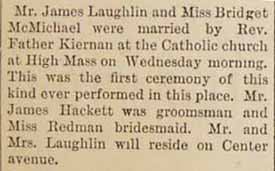 Marriage Notice for James LAUGHLIN to Bridget McMichael, no date, in 9-30-1893 paper