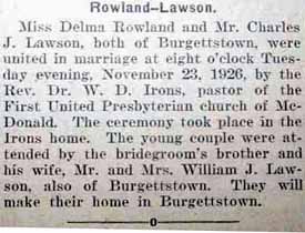Marriage Notice for Charles J. LAWSON to Delma Rowland, 23 Nov 1926