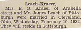 Marriage Notice for James LEACH to Mrs. E. O. Kraeer, 10 Feb 1932