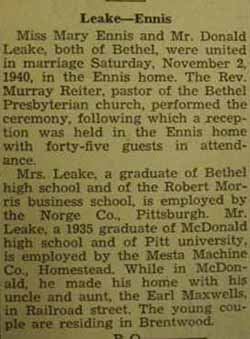 Marriage Notice for Donald LEAKE to Mary Ennis, 2 Nov 1940