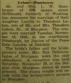 Marriage Notice for Theodore LEBON to Lucille Mumbower, 16 Nov 1943