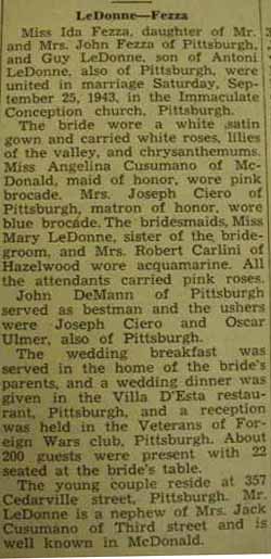 Marriage Notice for Guy LeDONNE to Ida Fezza, 25 Sep 1943