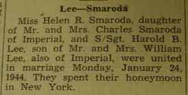 Marriage Notice for Harold B. LEE to Helen R. Smaroda, 24 Jan 1944