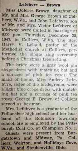Marriage Notice for John LEFEBVRE to Dolores Brown, 25 Dec 1947
