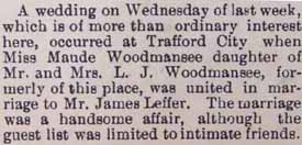 Marriage Notice for James LEFFER to Maude Woodmansee, no date, in 7-28-1905 paper