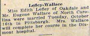 Marriage Notice for Eugene WALLACE to Edith LEFLEY, Tuesday, October 16, 1928
