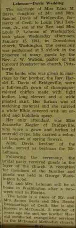 Marriage Notice for Louis Paul LEHMAN, Jr. to Edna M. Davis, 15 Jan 1941