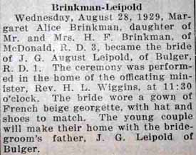 Marriage Notice for J. G. August LEIPOLD to Alice Brinkman, 28 Aug 1929