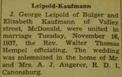 Article 1 Marriage Notice for J. George LEIPOLD to Elizabeth Kaufmann, 16 Nov 1937