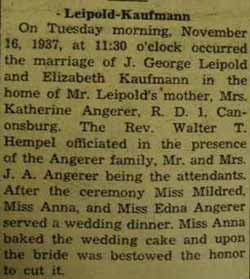 Article 2 Marriage Notice for J. George LEIPOLD to Elizabeth Kaufmann, 16 Nov 1937
