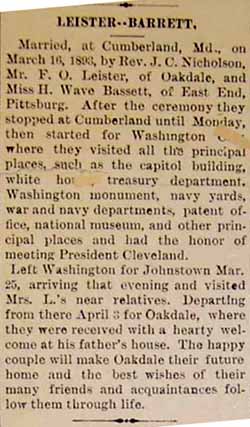 Marriage Notice for F. O. LEISTER to H. Wave Bassett, 16 Mar 1893