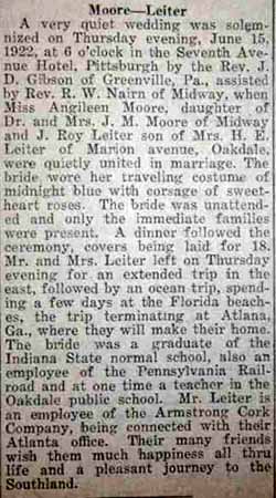 Marriage Notice for J. Roy LEITER to Angileen Moore, 15 Jun 1922
