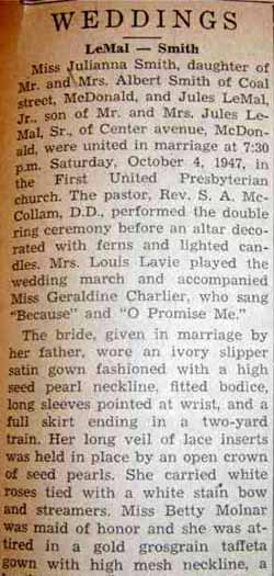 Part 1 Marriage Notice for Jules LeMAL, Jr. to Julianna Smith, 4 Oct 1947