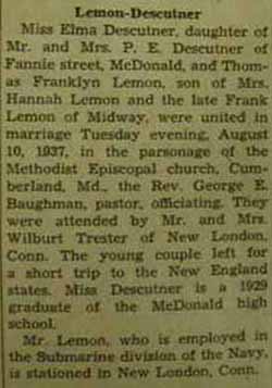 Marriage Notice for Thomas Franklyn LEMON to Elma Descutner, 10 Aug 1937