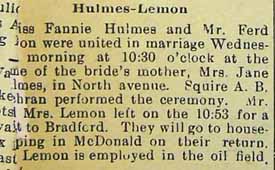 Marriage Notice for Ferd (sic) LEMON, to Fannie Hulmes, no date, in 6-12-1908 paper