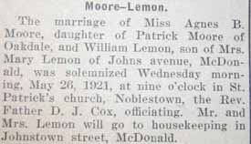 Article 1 Marriage Notice for William Howard LEMON to Agnes Belle Moore, 26 May 1921