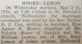 Article 2 Marriage Notice for William Howard LEMON to Agnes Belle Moore, 26 May 1921