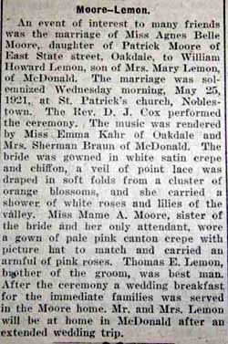 Article 1 Marriage Notice for William Howard LEMON to Agnes Belle Moore, 26 May 1921