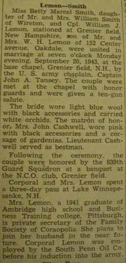 Marriage Notice for William J. LEMON to Betty Marcel Smith, 20 Sep 1943