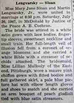 Marriage Notice for Martin LENGVARSKY, Jr. to Mary Jane Sloan, 26 Jul 1947