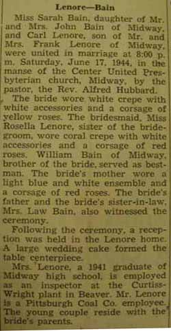 Marriage Notice for 
        Carl LENORE to Sarah Bain, 17 Jun 1944