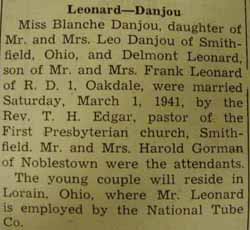 Marriage Notice for 
Delmont LEONARD to Blanche Danjou, 1 Mar 1941