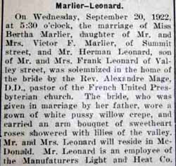 Marriage Notice for Herman LEONARD to Bertha Marlier, 20 Sep 1922