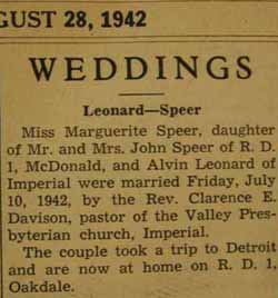 Marriage Notice for Alvin LEONARD to Marguerite Speer, 10 Jul 1942
