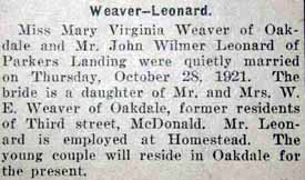 Marriage Notice for John Wilmer LEONARD to Mary Virginia Weaver, 28 Oct 1921
