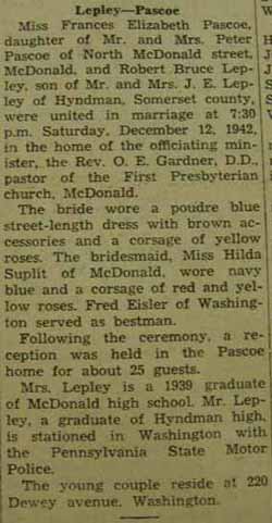Marriage Notice for Robert Bruce LEPLEY to Frances Elizabeth Pascoe, 12 Dec 1942