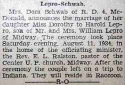 Marriage Notice for Harold LEPRO to Dorothy Schwab, 11 Aug 1934