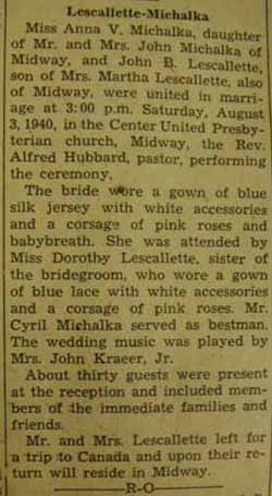 Marriage Notice for John B. LESCALLETTE to Anna V. Michalka, 3 Aug 1940