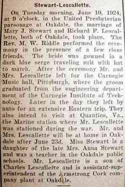 Marriage Notice for Richard F. LESCALLETTE to Mary J. Stewart, 10 Jun 1924