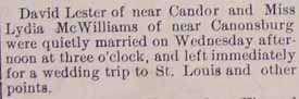 Marriage Notice for David LESTER to Lydia McWilliams, no date, in 11-8-1912 paper